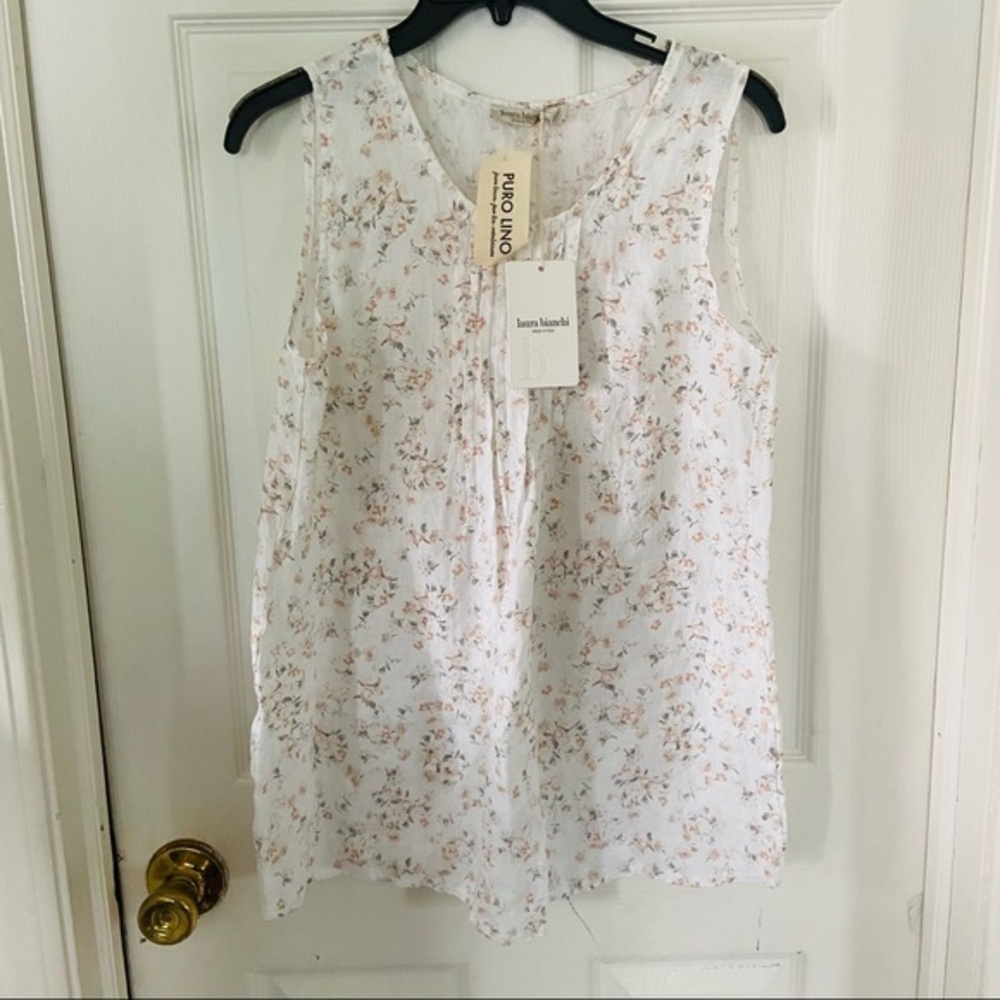NWT LAURA BIANCHI white sleeveless 100% linen floral cottage core top SZ small